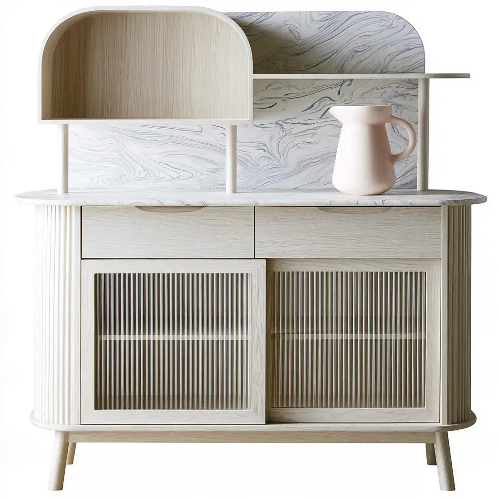 Aparador con puertas de rejilla y estantes curvos - beige