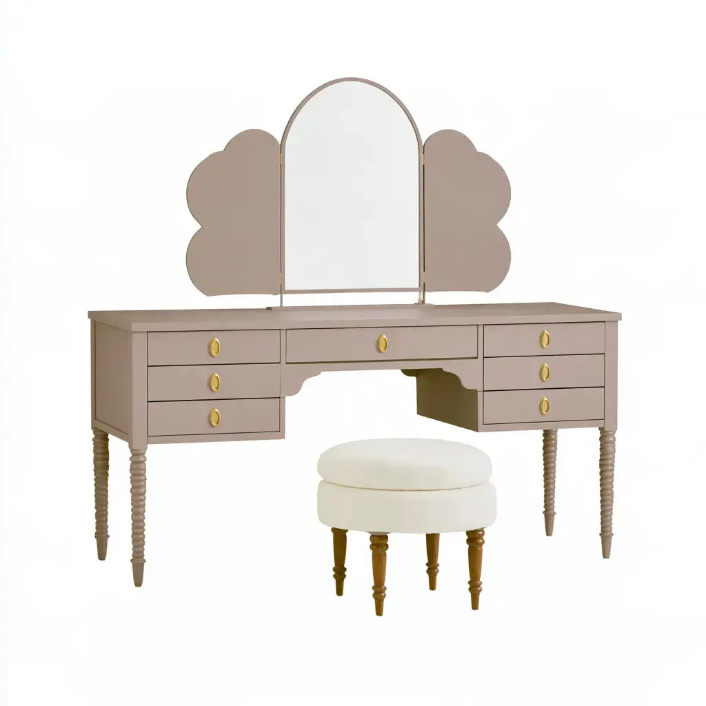 Tocador con espejo central y paneles ondulados - beige