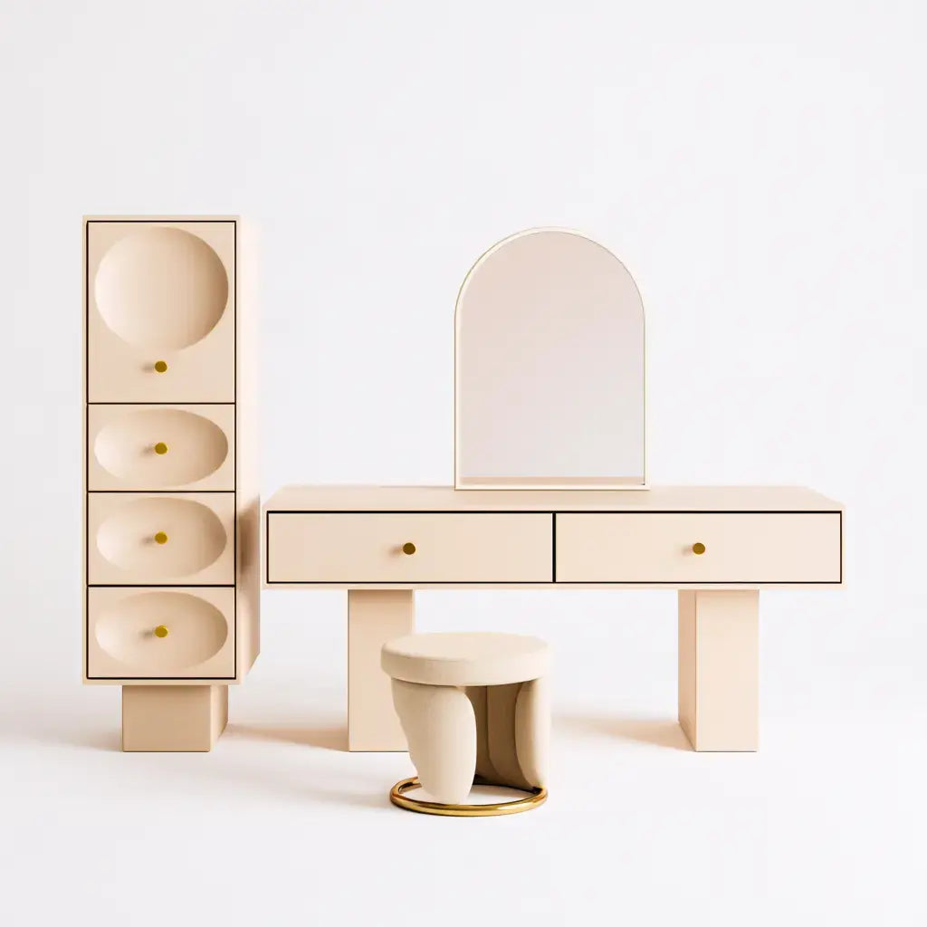 Tocador con espejo arqueado y cajonera lateral - beige