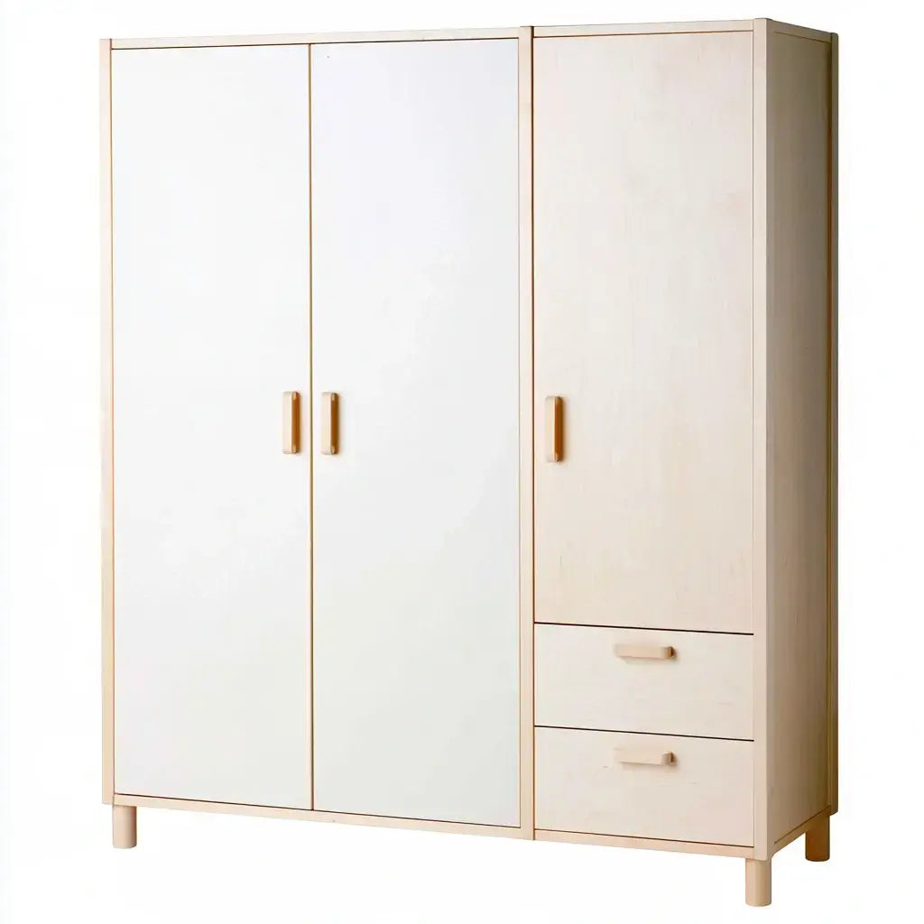 Armario con puertas lisas y cajones laterales - beige/blanco