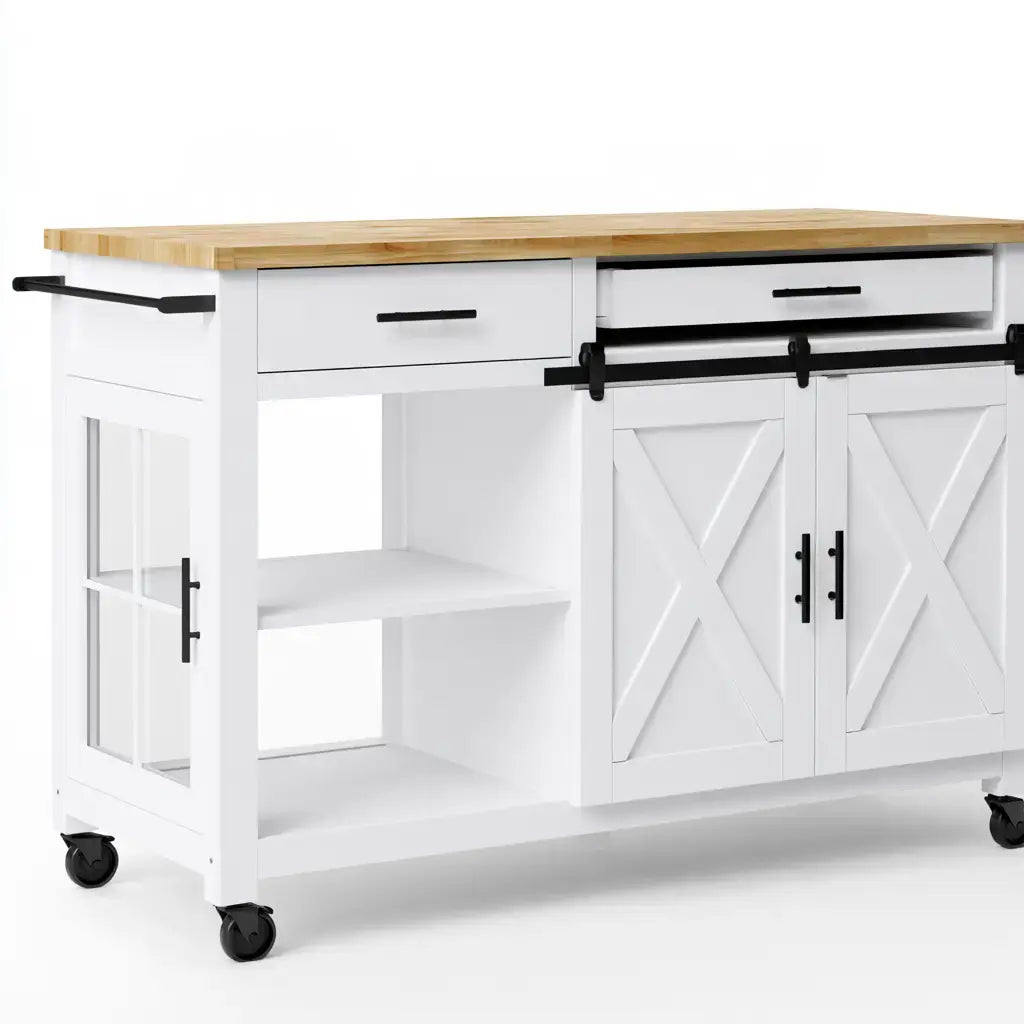 Isla de cocina con puertas cruzadas y estantes laterales - blanco/beige