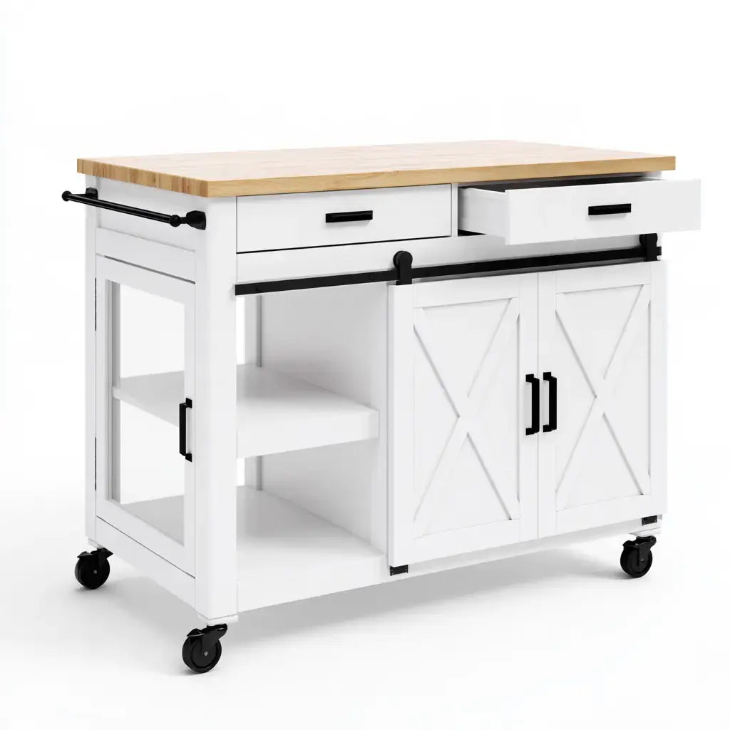 Isla de cocina con puertas correderas y estantes laterales - blanco/beige